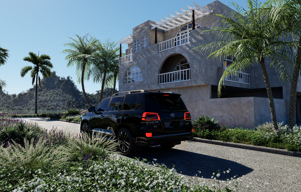 Elegant black SUV parked in front of modern villa amidst lush tropical landscape.